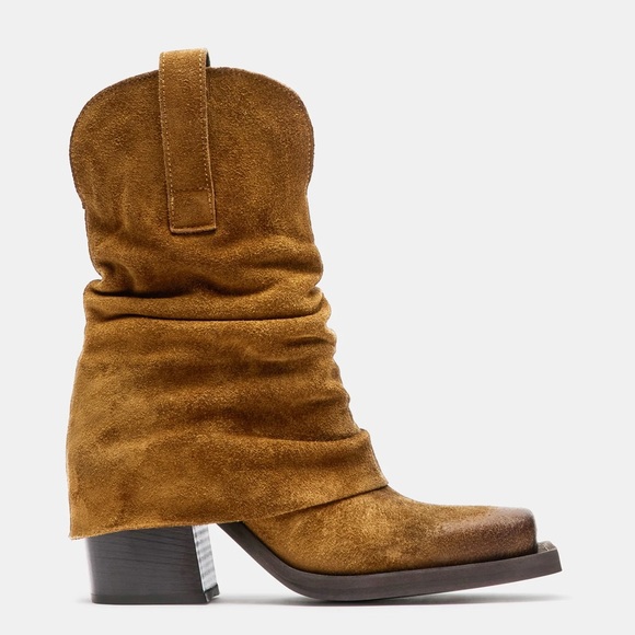 PIA CHESTNUT SUEDE Fold over chunky square block Western Pullover Riding Biker - Picture 2 of 10